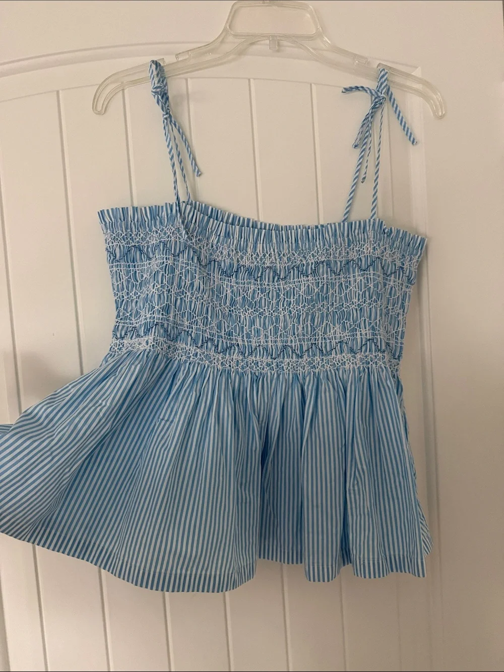 J. Crew Light Blue Striped Smocked Peplum Tank